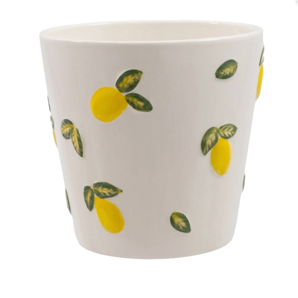6.25" x 6.25" x 6" Round Cream and Yellow Ceramic Lemon Planter